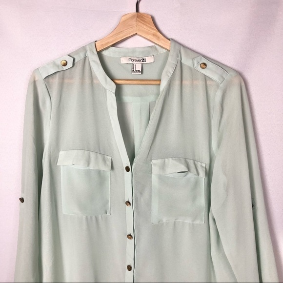 Forever 21 Mint Green Button Down Sheer Professional Long Sleeve Blouse L - Picture 3 of 7